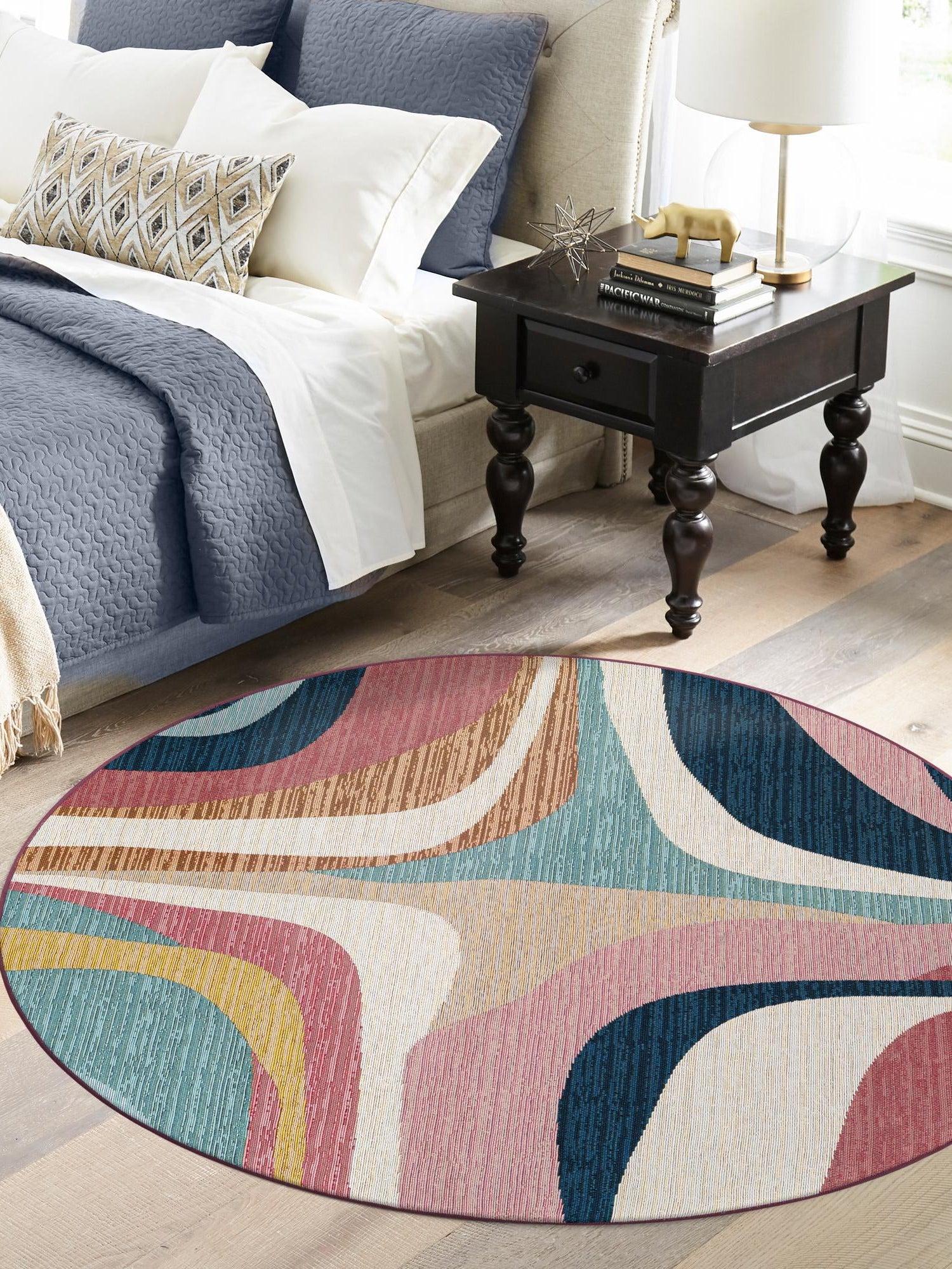 Multicolor 5' 1 x 5' 1 Outdoor Modern Round Area Rug Weather Resistant for Patio, Deck, Terrace, Balcony, Porch 100% Polypropylene Modern Outside Carpet for Sale at Rug Engine