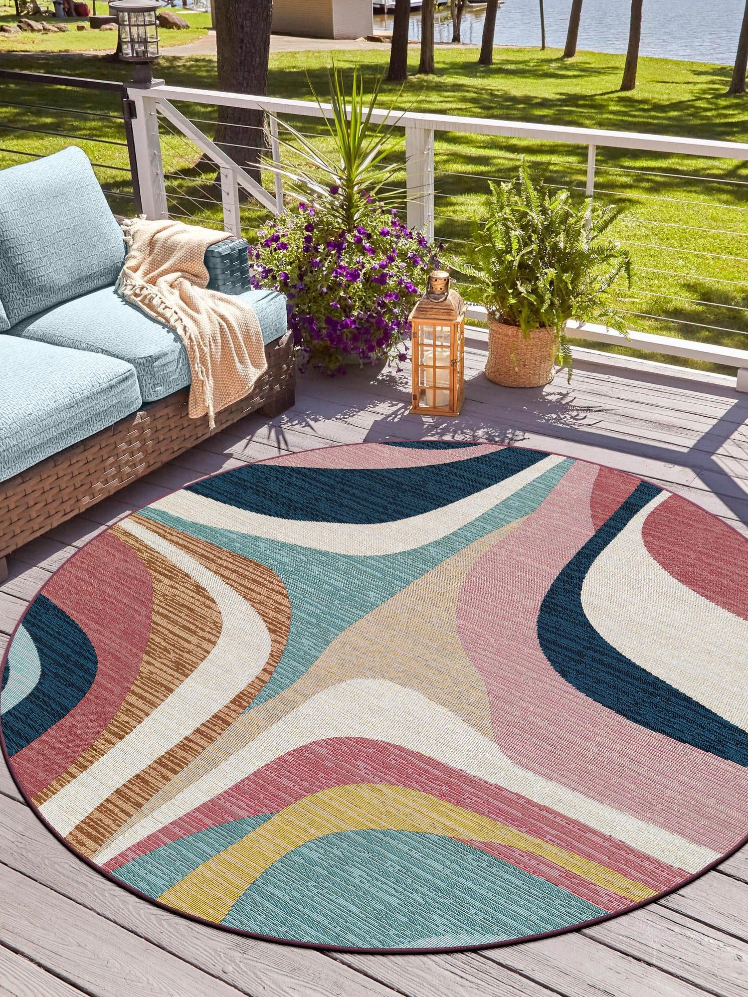 Multicolor 5' 1 x 5' 1 Outdoor Modern Round Area Rug Weather Resistant for Patio, Deck, Terrace, Balcony, Porch 100% Polypropylene Modern Outside Carpet for Sale at Rug Engine