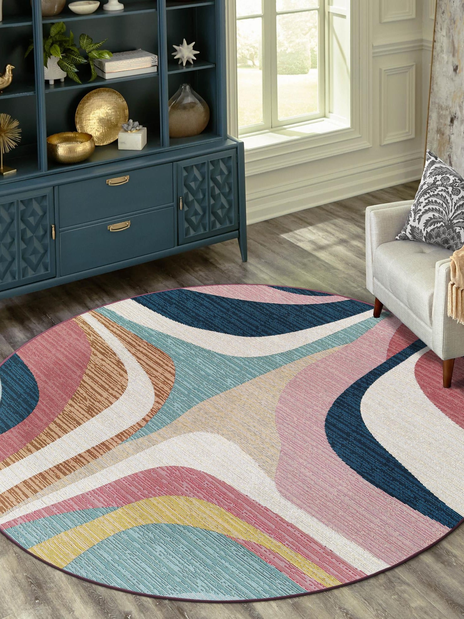 Multicolor 7' 10 x 7' 10 Outdoor Modern Round Area Rug Weather Resistant for Patio, Deck, Terrace, Balcony, Porch 100% Polypropylene Modern Outside Carpet for Sale at Rug Engine