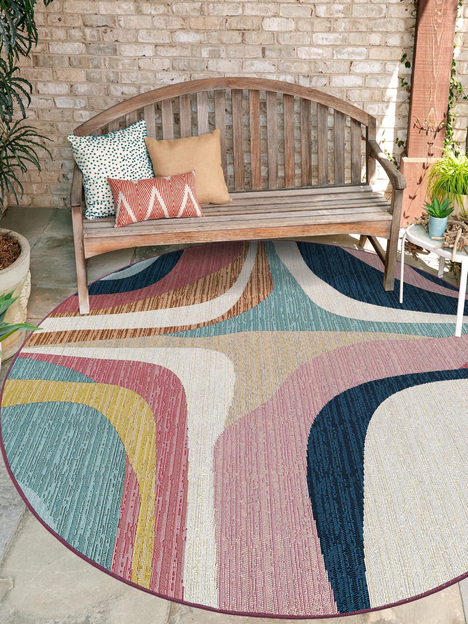 Multicolor 5' 1 x 5' 1 Outdoor Modern Round Area Rug Weather Resistant for Patio, Deck, Terrace, Balcony, Porch 100% Polypropylene Modern Outside Carpet for Sale at Rug Engine