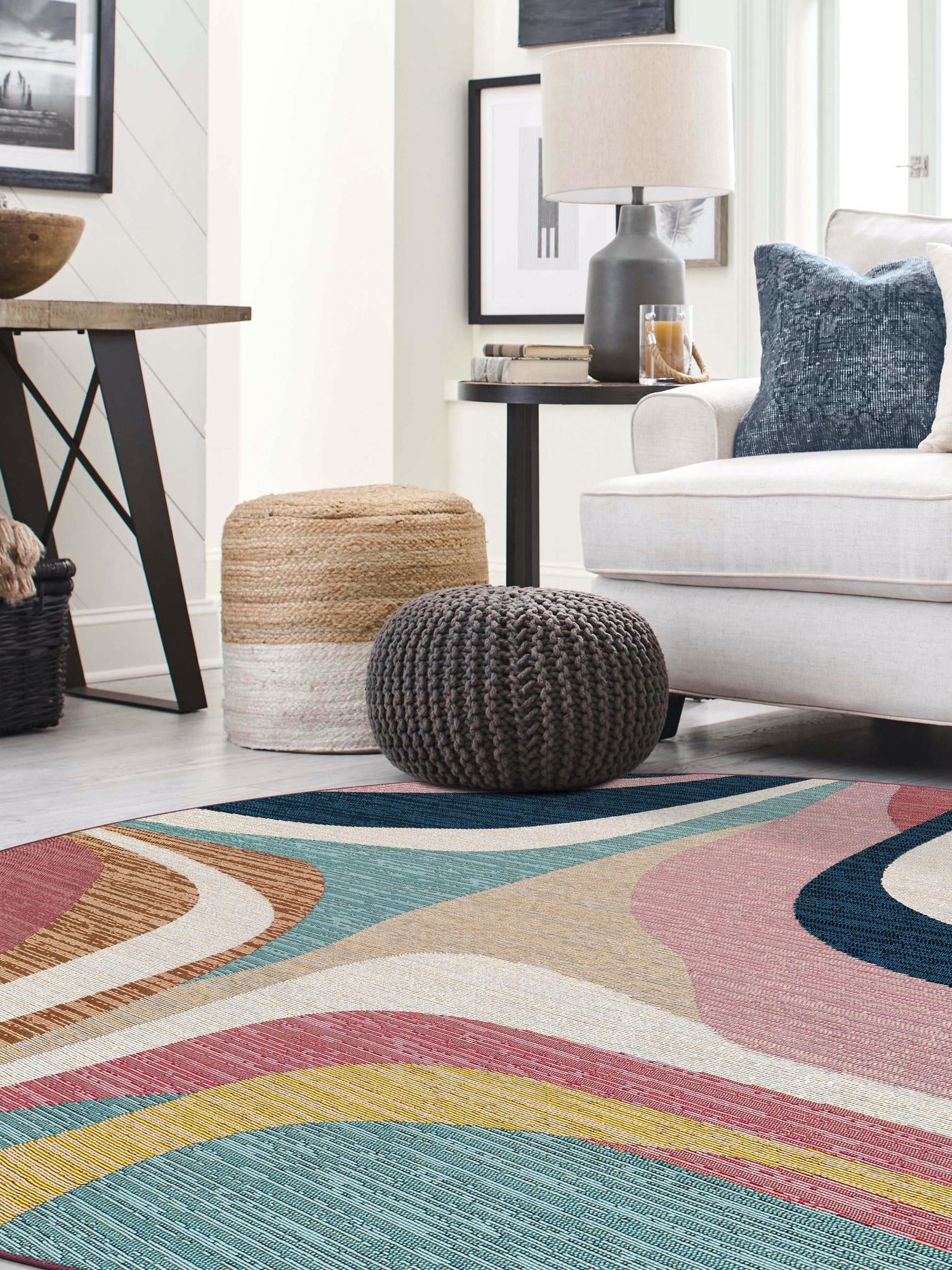 Multicolor 5' 1 x 5' 1 Outdoor Modern Round Area Rug Weather Resistant for Patio, Deck, Terrace, Balcony, Porch 100% Polypropylene Modern Outside Carpet for Sale at Rug Engine