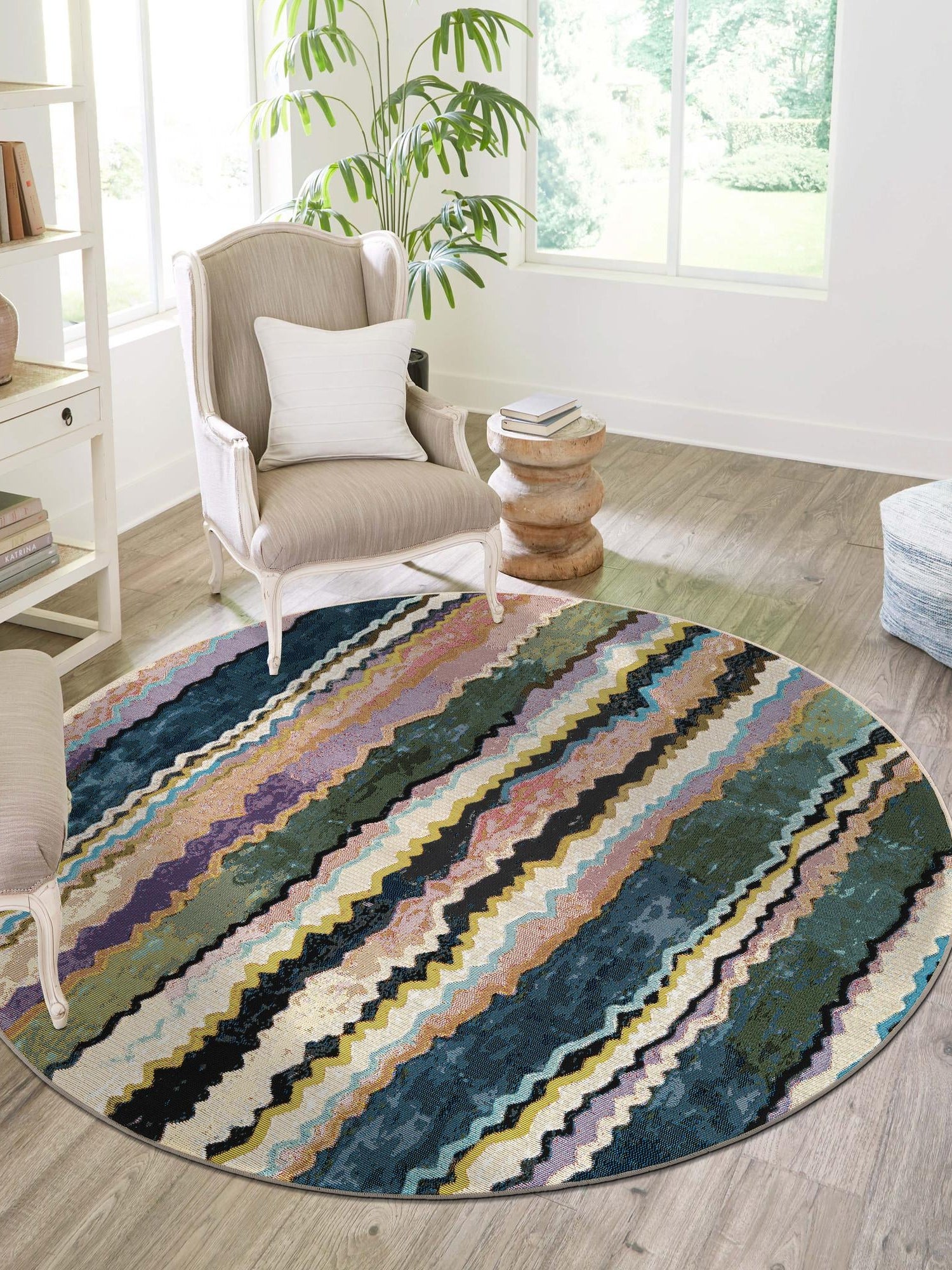 Multicolor 3' 1 x 3' 1 Outdoor Modern Round Area Rug Weather Resistant for Patio, Deck, Terrace, Balcony, Porch 100% Polypropylene Modern Outside Carpet for Sale at Rug Engine