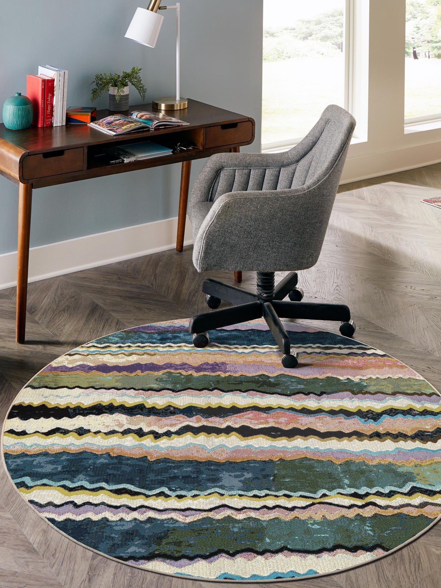 Multicolor 4' 1 x 4' 1 Outdoor Modern Round Area Rug Weather Resistant for Patio, Deck, Terrace, Balcony, Porch 100% Polypropylene Modern Outside Carpet for Sale at Rug Engine