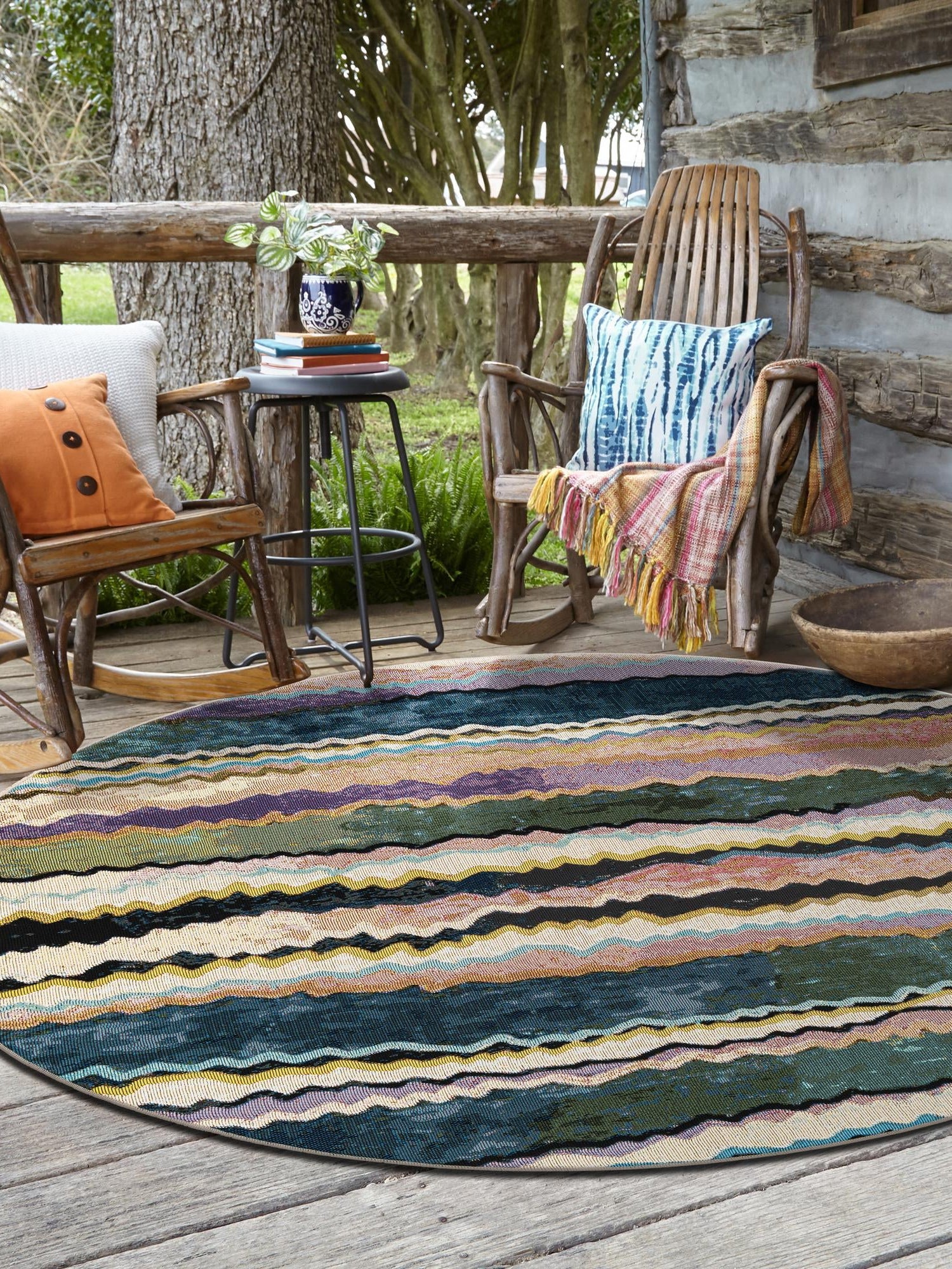 Multicolor 5' 1 x 5' 1 Outdoor Modern Round Area Rug Weather Resistant for Patio, Deck, Terrace, Balcony, Porch 100% Polypropylene Modern Outside Carpet for Sale at Rug Engine