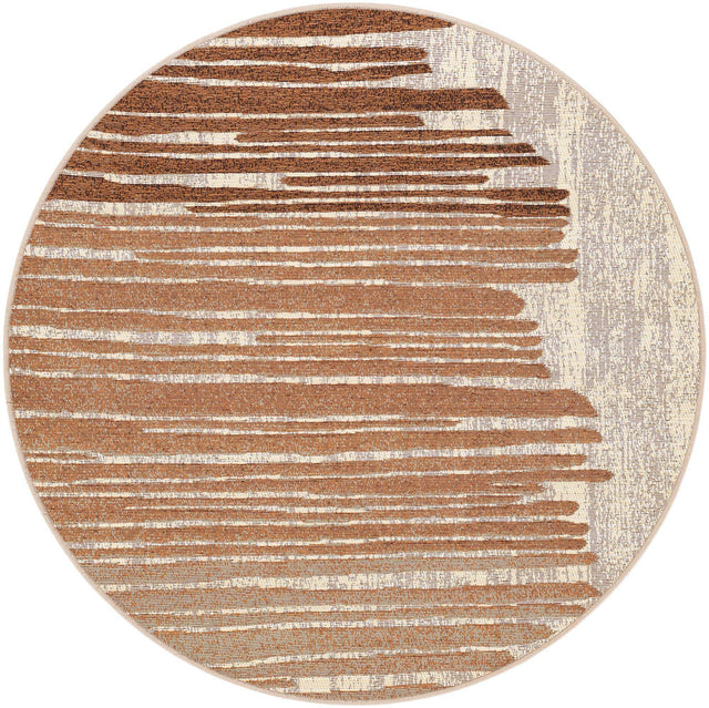 Beige Brown 4' 1 x 4' 1 Outdoor Modern Round Area Rug Weather Resistant for Patio, Deck, Terrace, Balcony, Porch 100% Polypropylene Modern Outside Carpet for Sale at Rug Engine