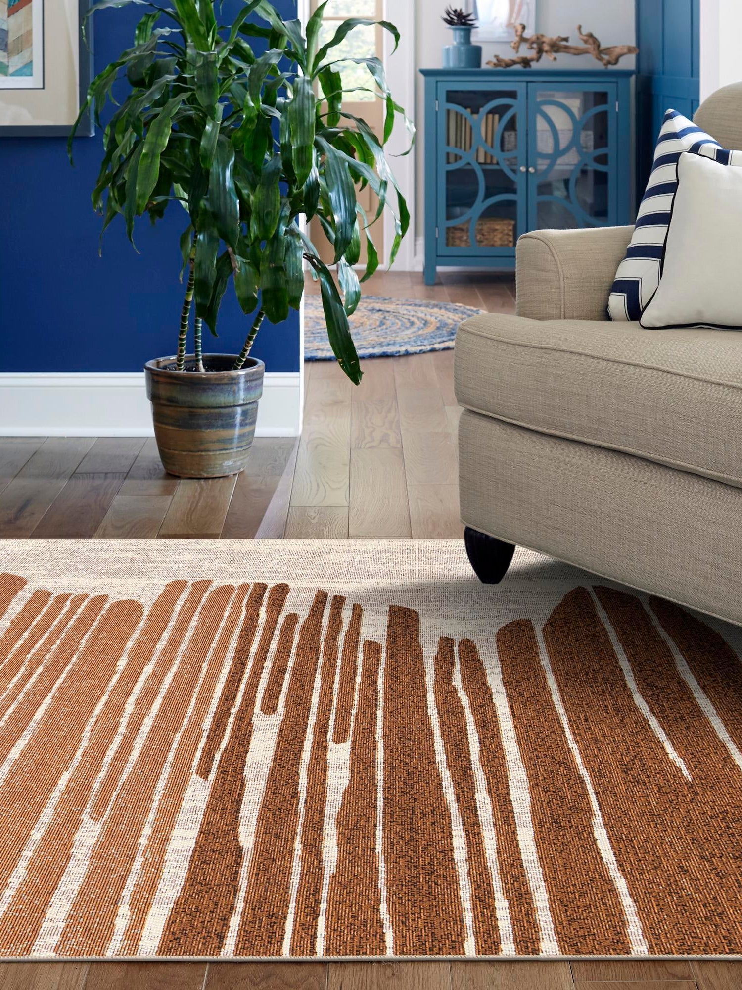 Beige Brown 7' 10 x 10' Outdoor Modern Rectangle Area Rug Weather Resistant for Patio, Deck, Terrace, Balcony, Porch 100% Polypropylene Modern Outside Carpet for Sale at Rug Engine