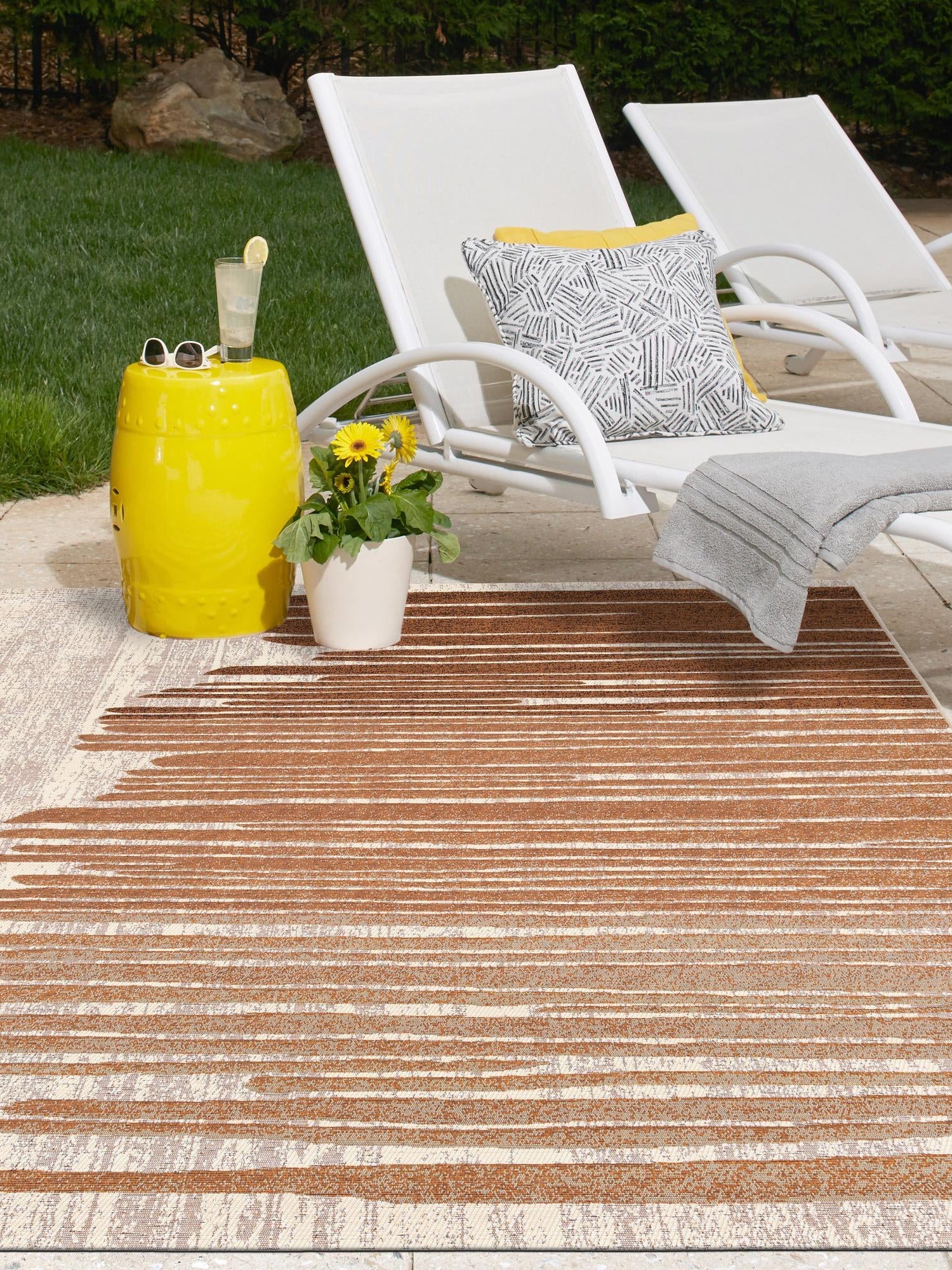 Beige Brown 4' 1 x 6' 1 Outdoor Modern Rectangle Area Rug Weather Resistant for Patio, Deck, Terrace, Balcony, Porch 100% Polypropylene Modern Outside Carpet for Sale at Rug Engine