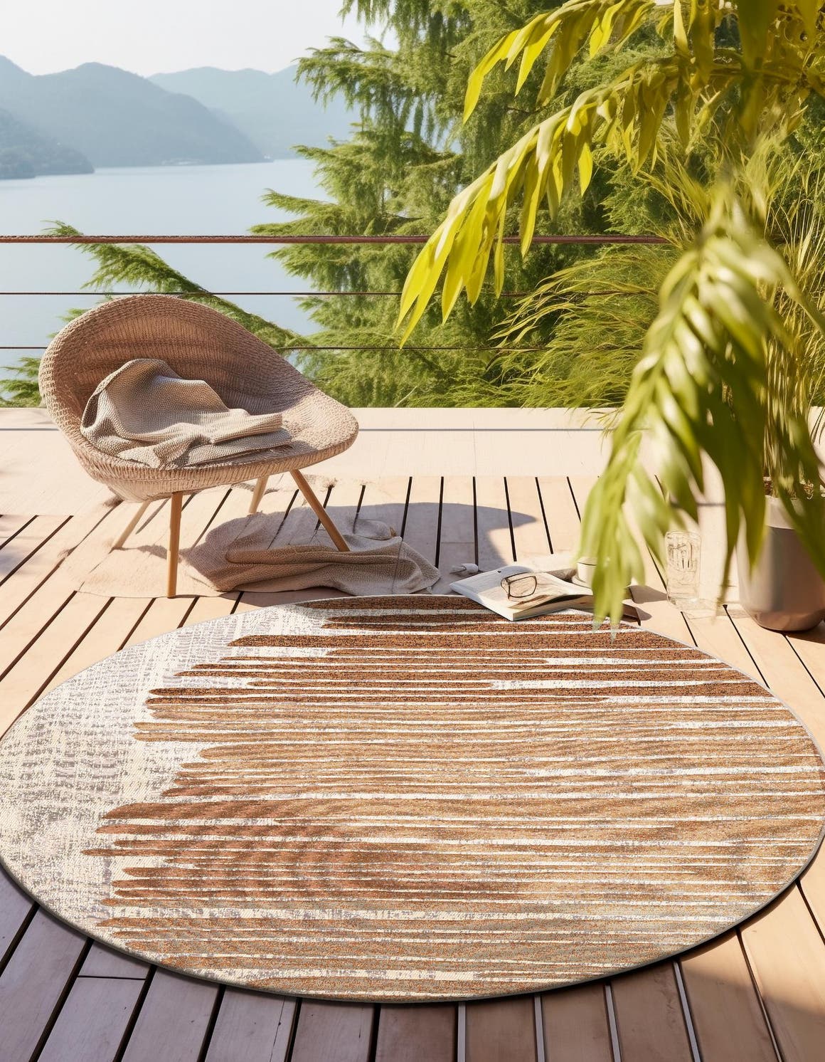 Beige Brown 4' 1 x 4' 1 Outdoor Modern Round Area Rug Weather Resistant for Patio, Deck, Terrace, Balcony, Porch 100% Polypropylene Modern Outside Carpet for Sale at Rug Engine