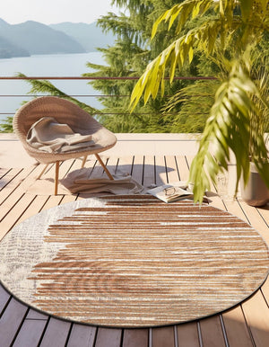 Beige Brown 4' 1 x 4' 1 Outdoor Modern Round Area Rug Weather Resistant for Patio, Deck, Terrace, Balcony, Porch 100% Polypropylene Modern Outside Carpet for Sale at Rug Engine