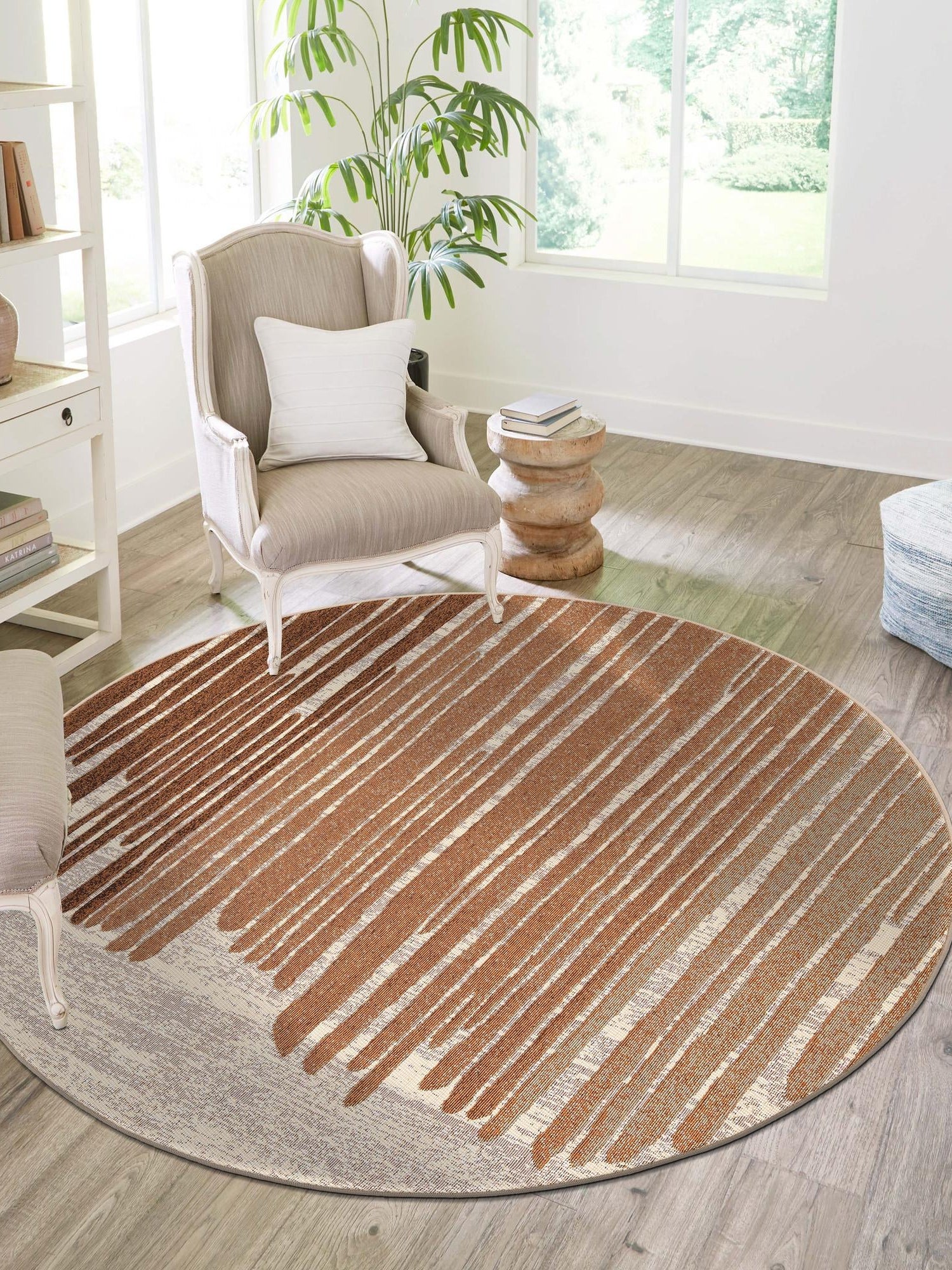 Beige Brown 4' 1 x 4' 1 Outdoor Modern Round Area Rug Weather Resistant for Patio, Deck, Terrace, Balcony, Porch 100% Polypropylene Modern Outside Carpet for Sale at Rug Engine