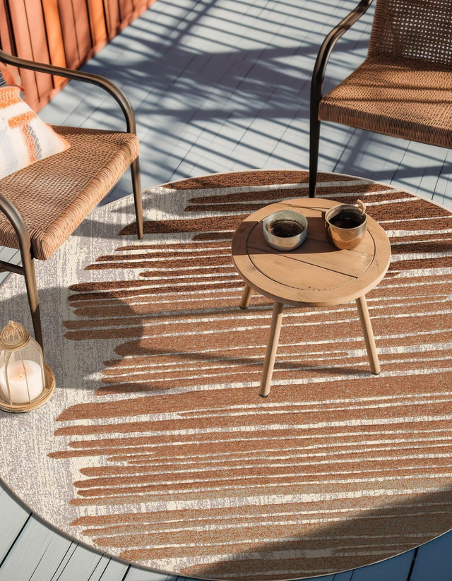 Beige Brown 4' 1 x 4' 1 Outdoor Modern Round Area Rug Weather Resistant for Patio, Deck, Terrace, Balcony, Porch 100% Polypropylene Modern Outside Carpet for Sale at Rug Engine
