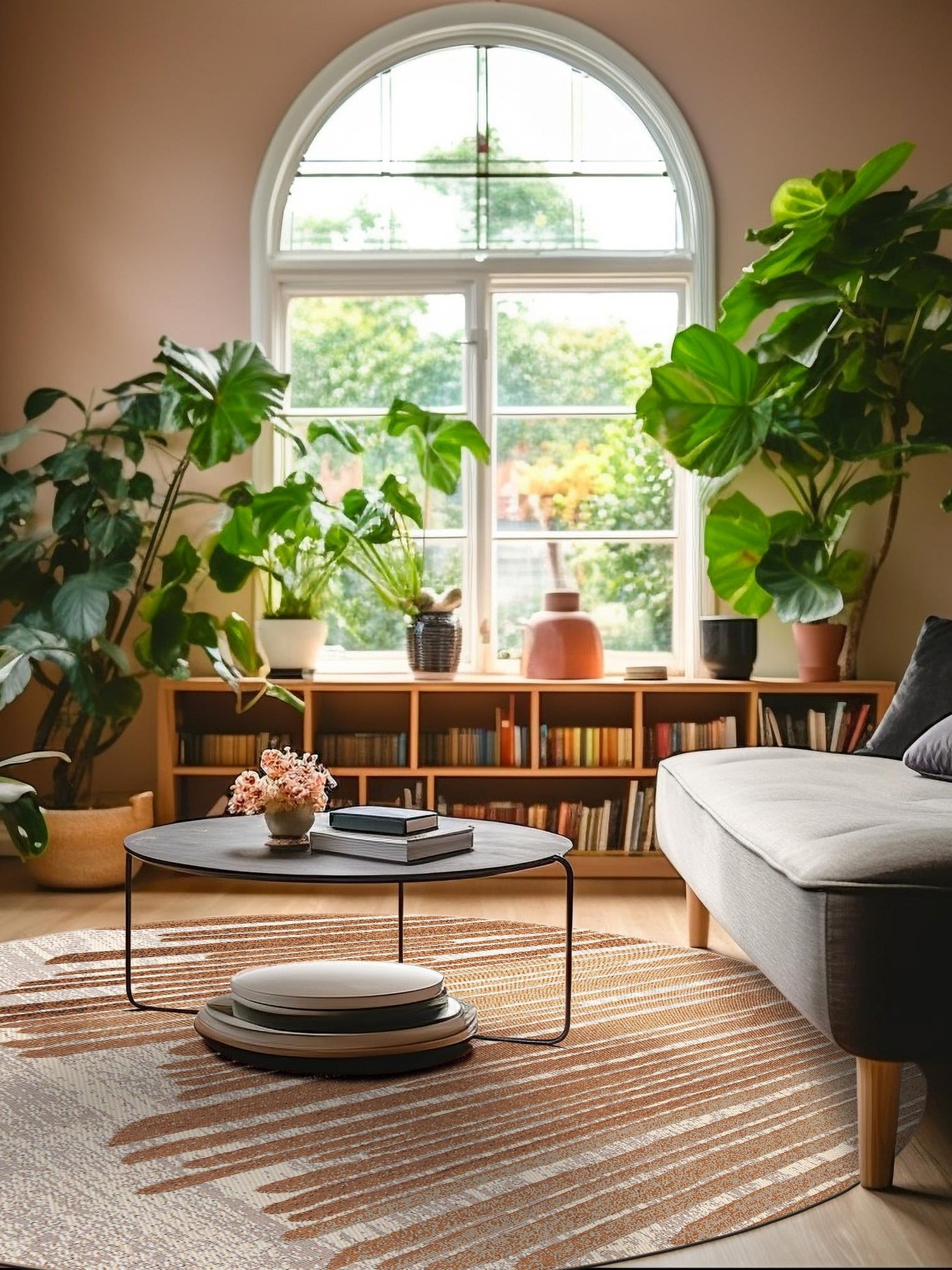 Beige Brown 5' 1 x 5' 1 Outdoor Modern Round Area Rug Weather Resistant for Patio, Deck, Terrace, Balcony, Porch 100% Polypropylene Modern Outside Carpet for Sale at Rug Engine