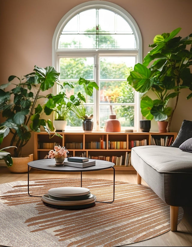 Beige Brown 5' 1 x 5' 1 Outdoor Modern Round Area Rug Weather Resistant for Patio, Deck, Terrace, Balcony, Porch 100% Polypropylene Modern Outside Carpet for Sale at Rug Engine