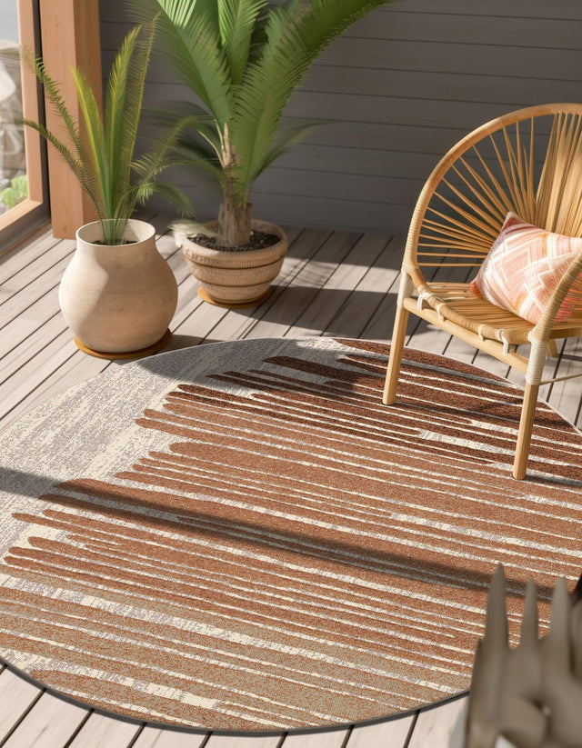 Beige Brown 5' 1 x 5' 1 Outdoor Modern Round Area Rug Weather Resistant for Patio, Deck, Terrace, Balcony, Porch 100% Polypropylene Modern Outside Carpet for Sale at Rug Engine