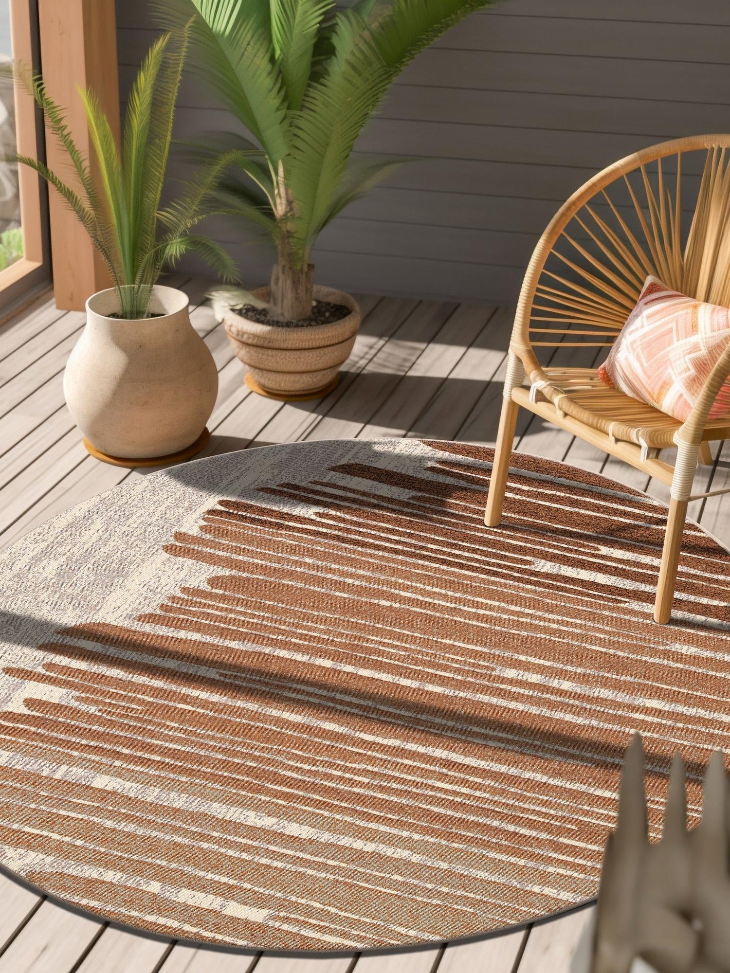 Beige Brown 3' 1 x 3' 1 Outdoor Modern Round Area Rug Weather Resistant for Patio, Deck, Terrace, Balcony, Porch 100% Polypropylene Modern Outside Carpet for Sale at Rug Engine