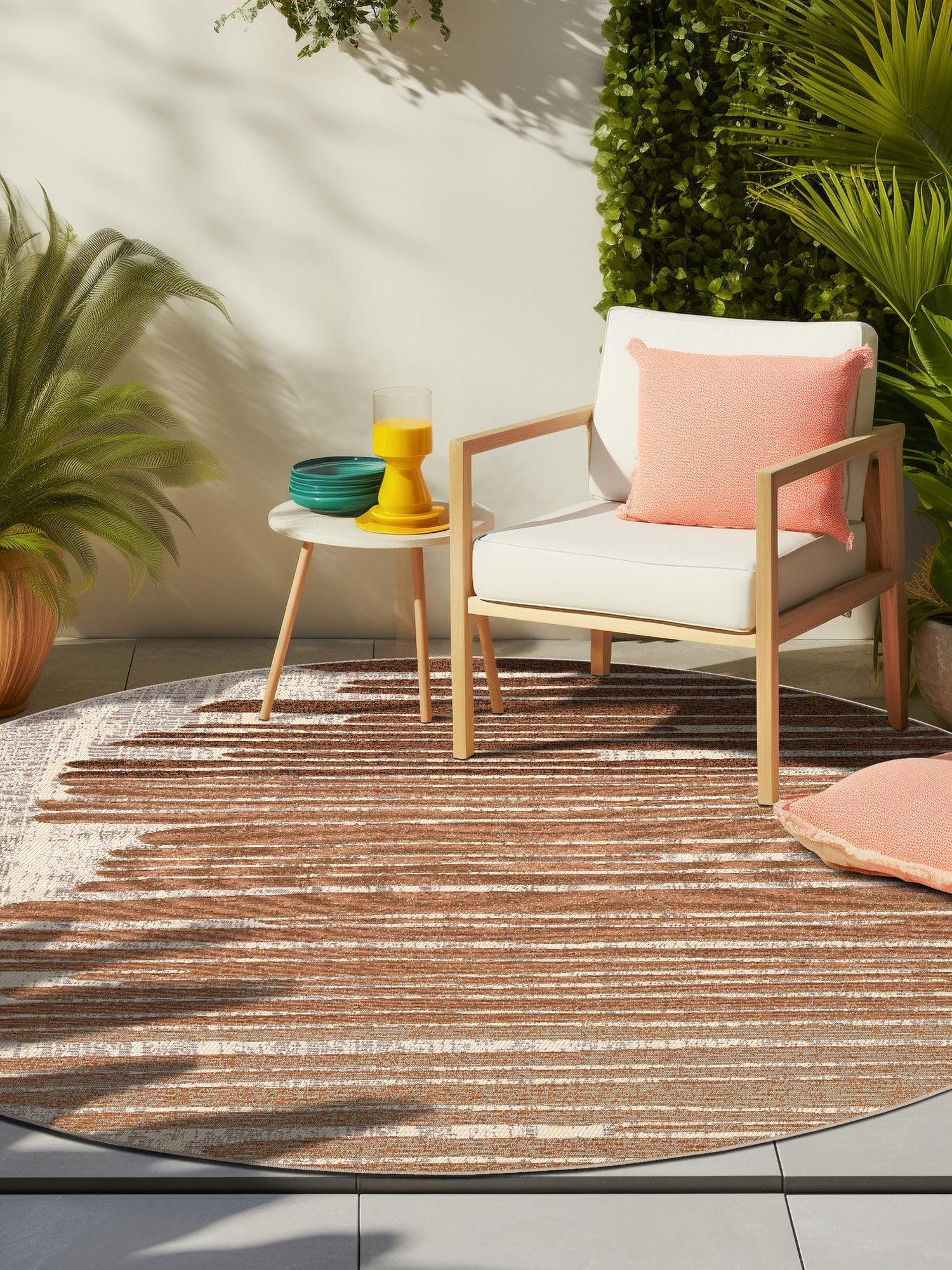 Beige Brown 3' 1 x 3' 1 Outdoor Modern Round Area Rug Weather Resistant for Patio, Deck, Terrace, Balcony, Porch 100% Polypropylene Modern Outside Carpet for Sale at Rug Engine