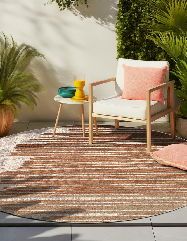 Beige Brown 3' 1 x 3' 1 Outdoor Modern Round Area Rug Weather Resistant for Patio, Deck, Terrace, Balcony, Porch 100% Polypropylene Modern Outside Carpet for Sale at Rug Engine