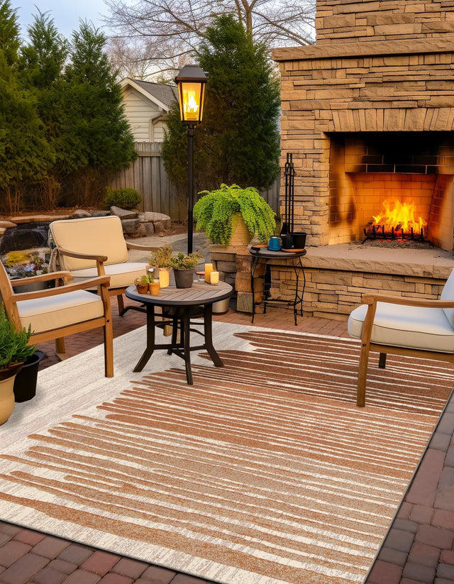Beige Brown 7' 10 x 7' 10 Outdoor Modern Square Area Rug Weather Resistant for Patio, Deck, Terrace, Balcony, Porch 100% Polypropylene Modern Outside Carpet for Sale at Rug Engine