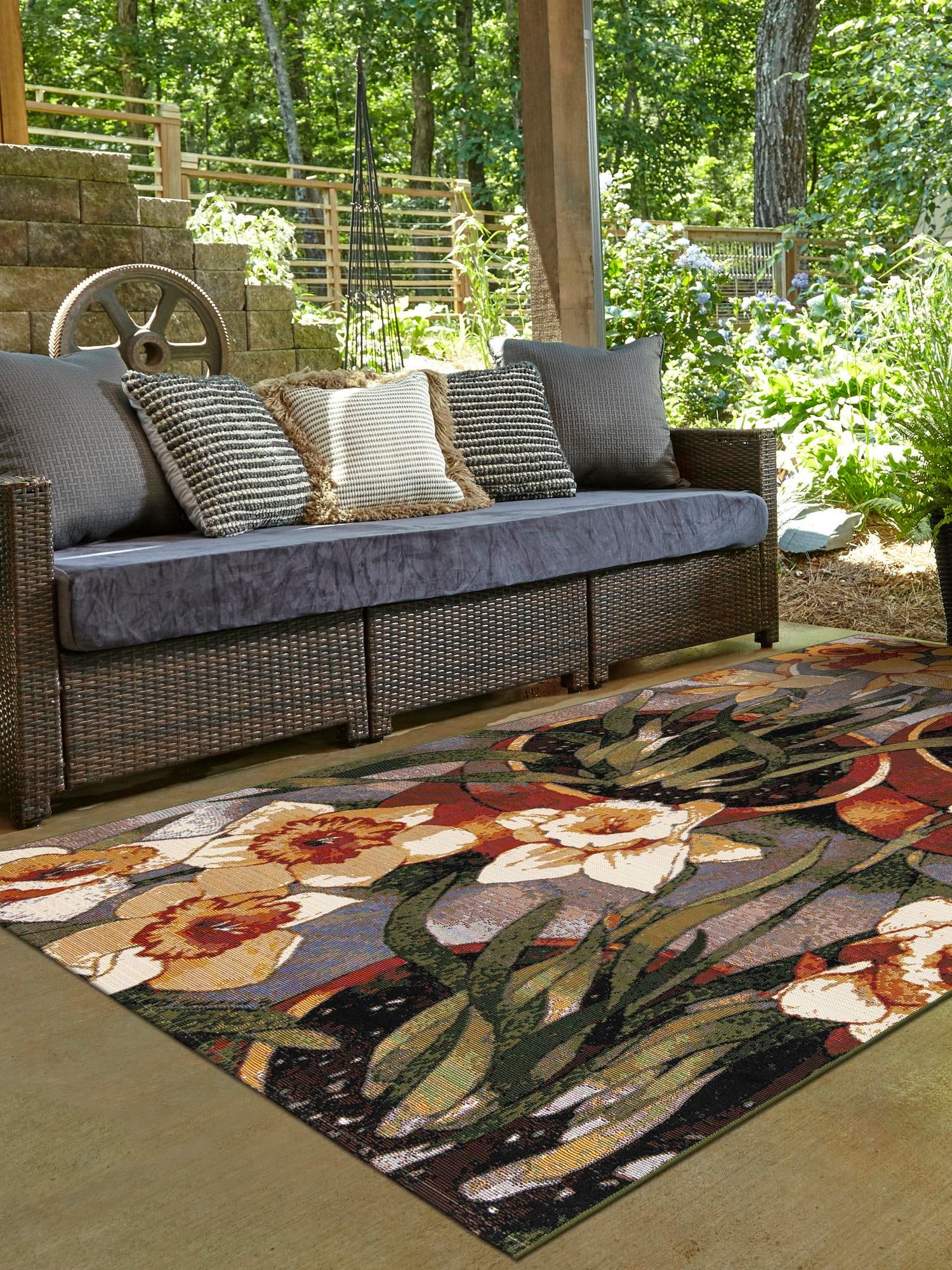 Multicolor 6' 1 x 9' Outdoor Botanical Rectangle Area Rug Weather Resistant for Patio, Deck, Terrace, Balcony, Porch Polypropylene Garden Floral Tropical Carpet for Sale at Rug Engine