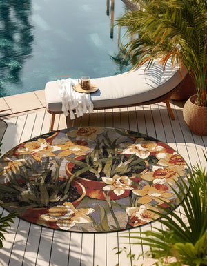 Multicolor 7' 10 x 7' 10 Outdoor Botanical Round Area Rug Weather Resistant for Patio, Deck, Terrace, Balcony, Porch Polypropylene Garden Floral Tropical Carpet for Sale at Rug Engine