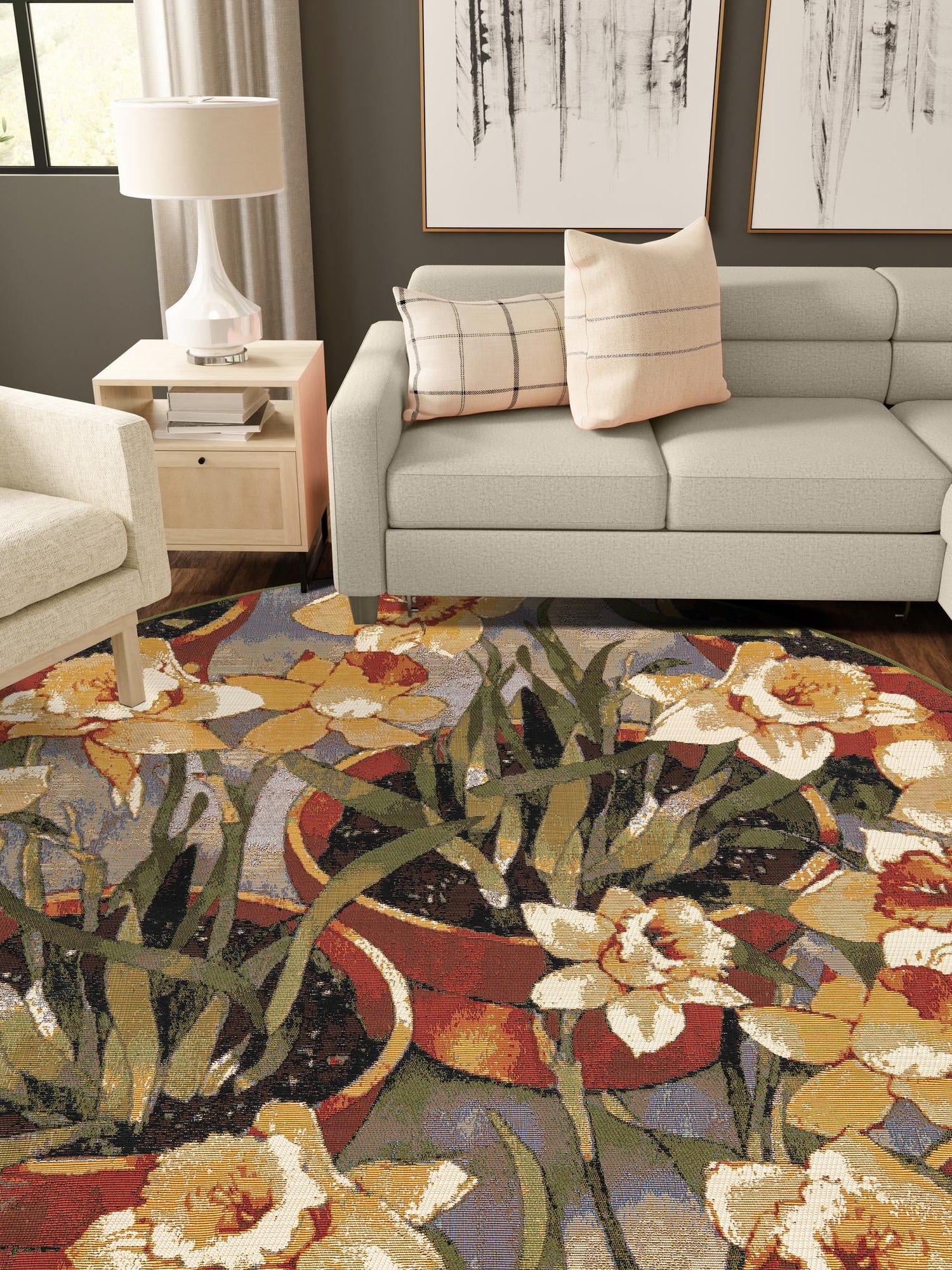 Multicolor 7' 10 x 7' 10 Outdoor Botanical Round Area Rug Weather Resistant for Patio, Deck, Terrace, Balcony, Porch Polypropylene Garden Floral Tropical Carpet for Sale at Rug Engine