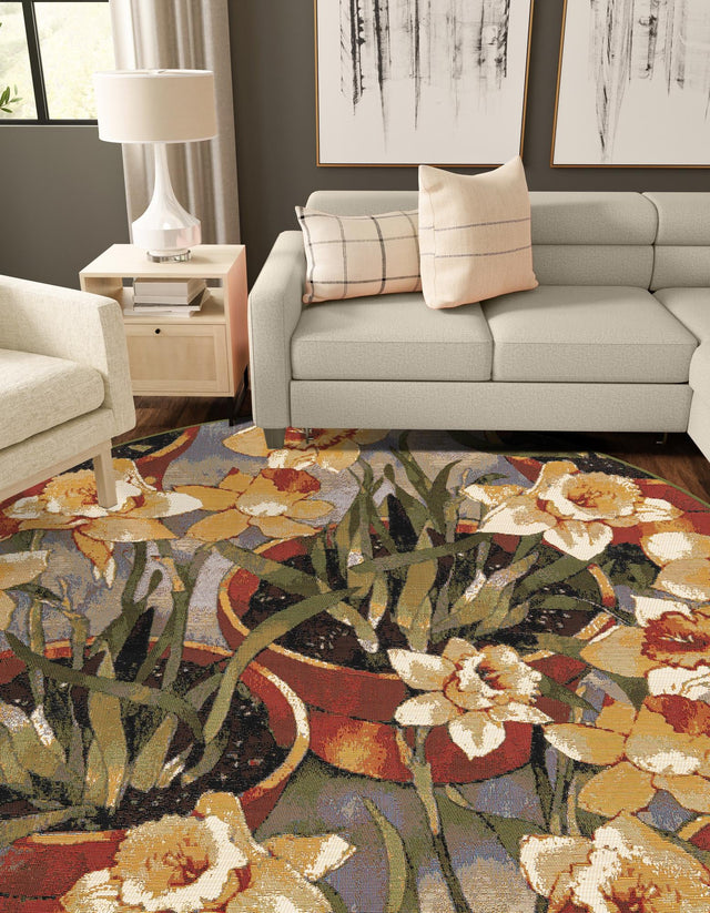 Multicolor 5' 1 x 5' 1 Outdoor Botanical Round Area Rug Weather Resistant for Patio, Deck, Terrace, Balcony, Porch Polypropylene Garden Floral Tropical Carpet for Sale at Rug Engine