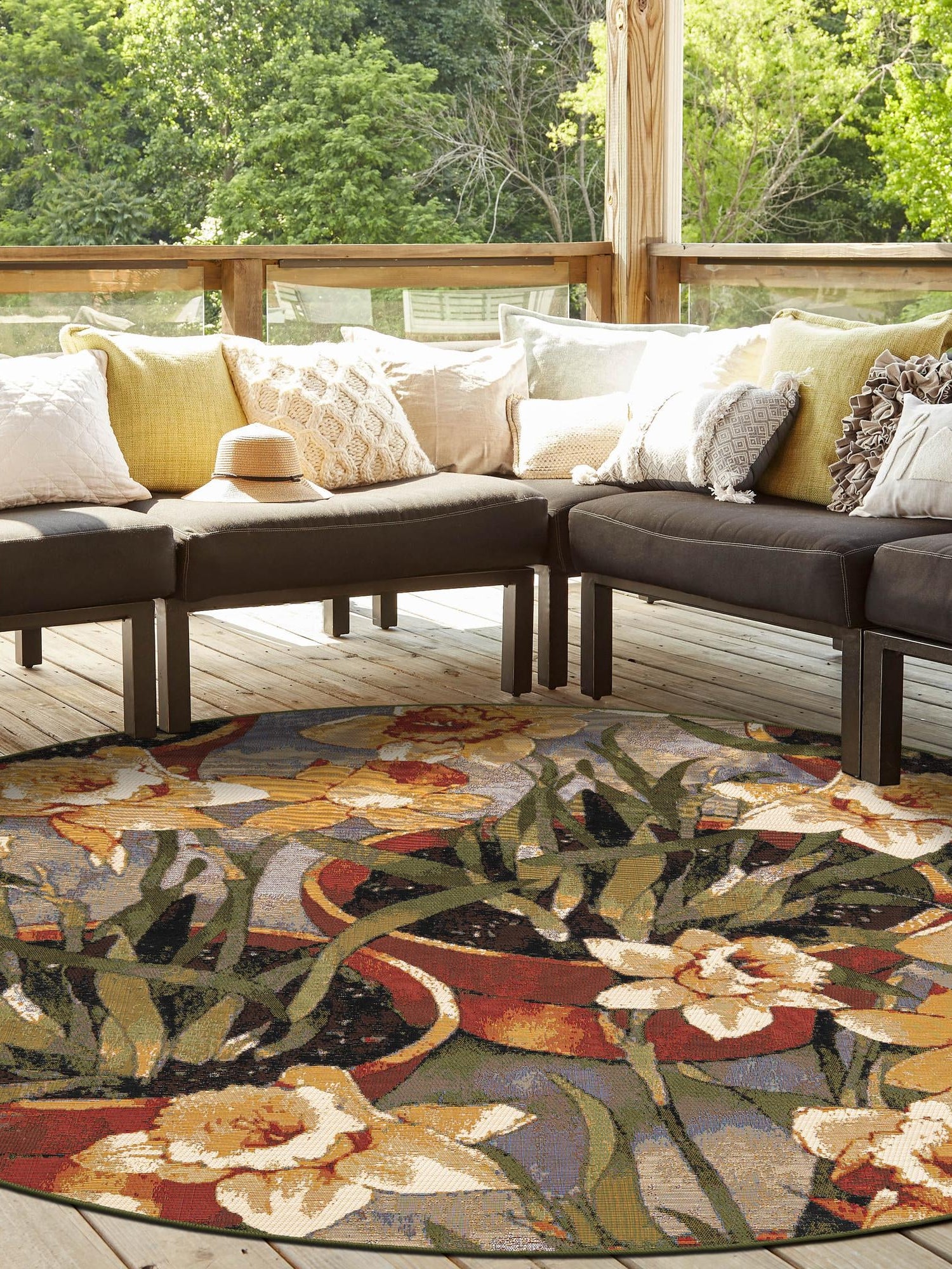Multicolor 7' 10 x 7' 10 Outdoor Botanical Round Area Rug Weather Resistant for Patio, Deck, Terrace, Balcony, Porch Polypropylene Garden Floral Tropical Carpet for Sale at Rug Engine