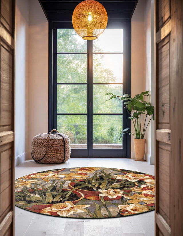 Multicolor 5' 1 x 5' 1 Outdoor Botanical Round Area Rug Weather Resistant for Patio, Deck, Terrace, Balcony, Porch Polypropylene Garden Floral Tropical Carpet for Sale at Rug Engine