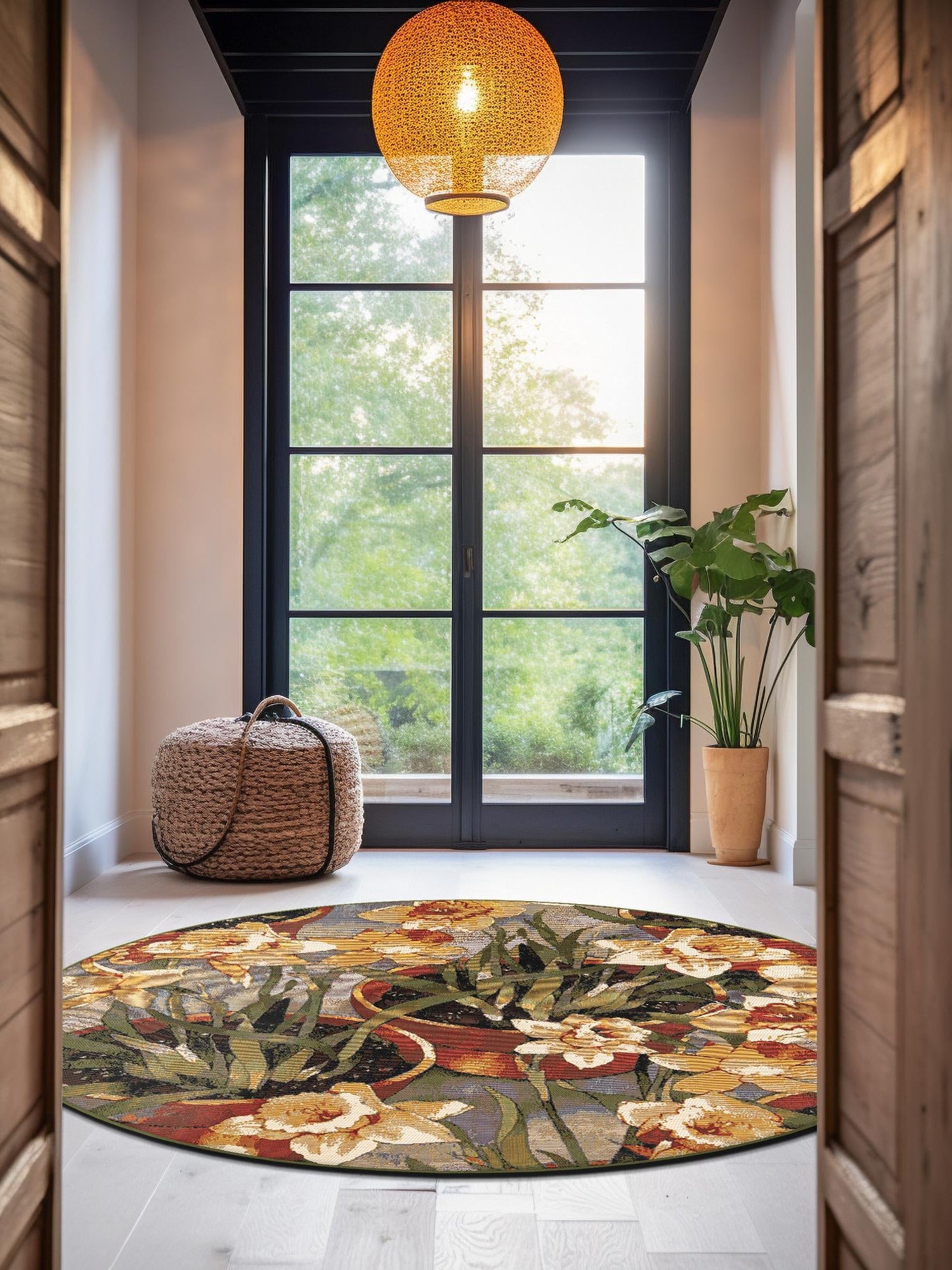 Multicolor 4' 1 x 4' 1 Outdoor Botanical Round Area Rug Weather Resistant for Patio, Deck, Terrace, Balcony, Porch Polypropylene Garden Floral Tropical Carpet for Sale at Rug Engine