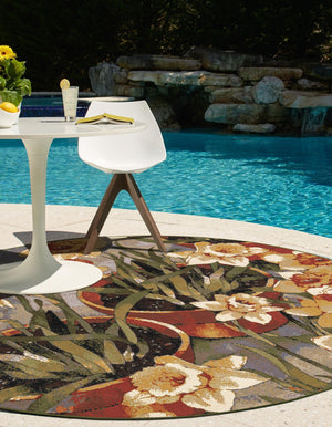 Multicolor 4' 1 x 4' 1 Outdoor Botanical Round Area Rug Weather Resistant for Patio, Deck, Terrace, Balcony, Porch Polypropylene Garden Floral Tropical Carpet for Sale at Rug Engine