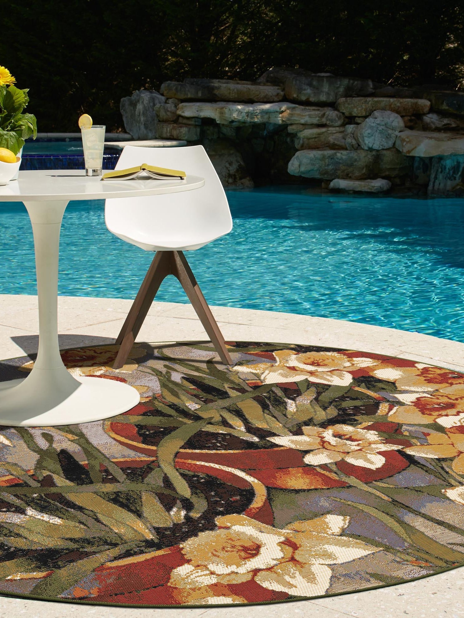 Multicolor 5' 1 x 5' 1 Outdoor Botanical Round Area Rug Weather Resistant for Patio, Deck, Terrace, Balcony, Porch Polypropylene Garden Floral Tropical Carpet for Sale at Rug Engine