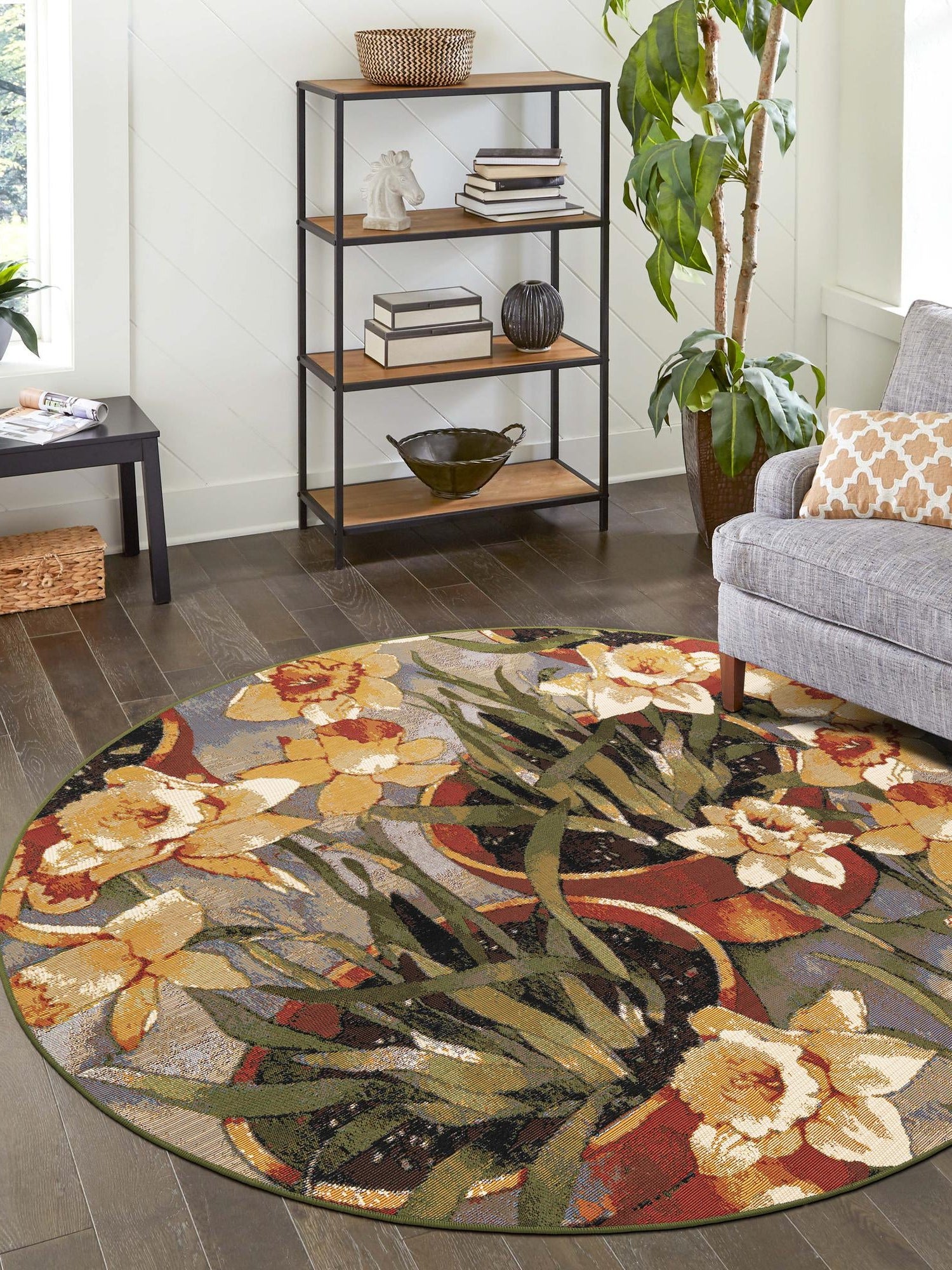 Multicolor 7' 10 x 7' 10 Outdoor Botanical Round Area Rug Weather Resistant for Patio, Deck, Terrace, Balcony, Porch Polypropylene Garden Floral Tropical Carpet for Sale at Rug Engine