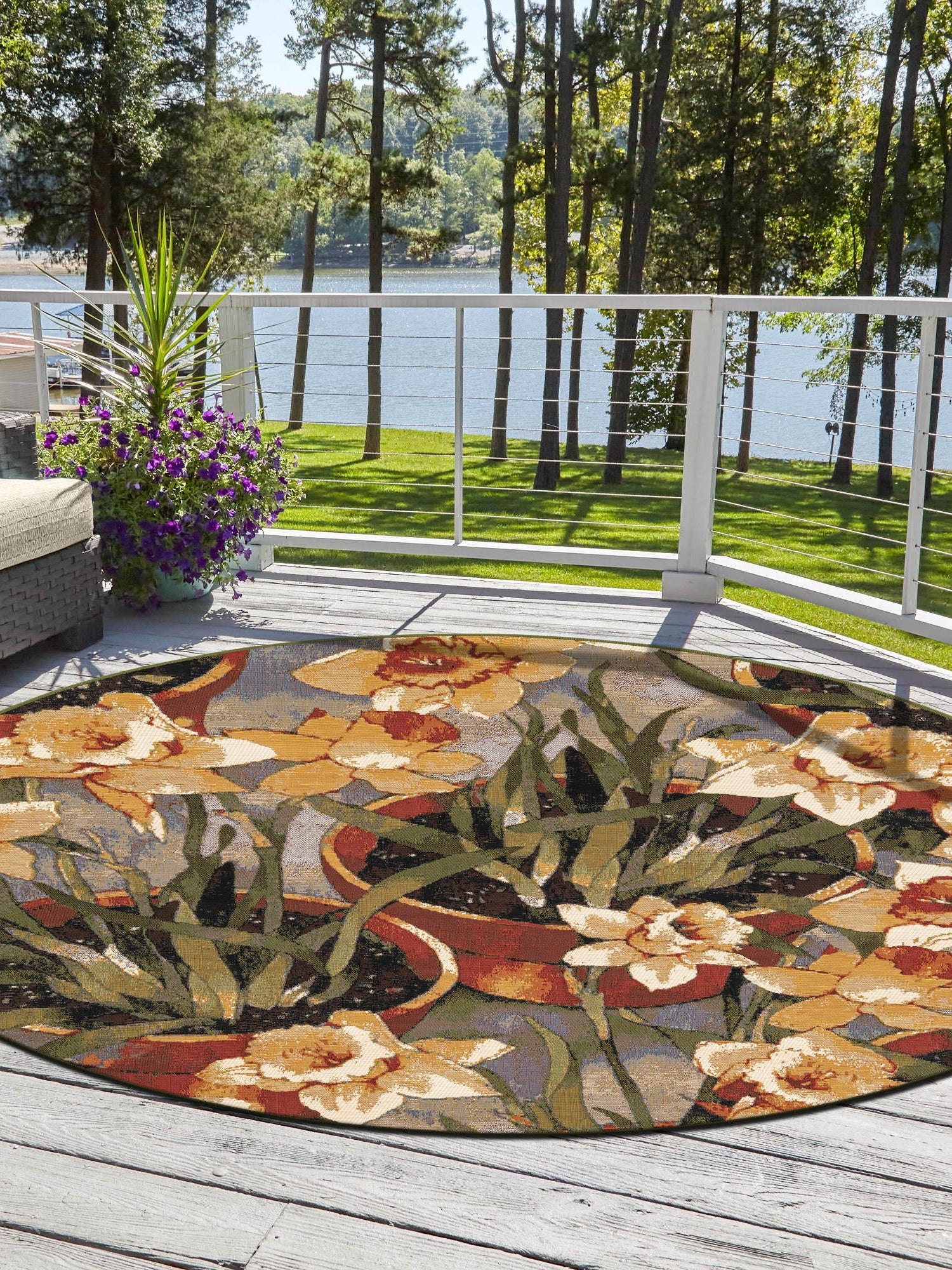 Multicolor 7' 10 x 7' 10 Outdoor Botanical Round Area Rug Weather Resistant for Patio, Deck, Terrace, Balcony, Porch Polypropylene Garden Floral Tropical Carpet for Sale at Rug Engine