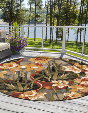 Multicolor 7' 10 x 7' 10 Outdoor Botanical Round Area Rug Weather Resistant for Patio, Deck, Terrace, Balcony, Porch Polypropylene Garden Floral Tropical Carpet for Sale at Rug Engine