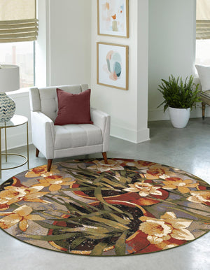 Multicolor 3' 1 x 3' 1 Outdoor Botanical Round Rug