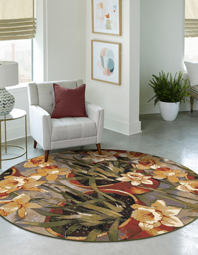 Multicolor 3' 1 x 3' 1 Outdoor Botanical Round Rug