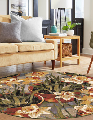 Multicolor 3' 1 x 3' 1 Outdoor Botanical Round Rug