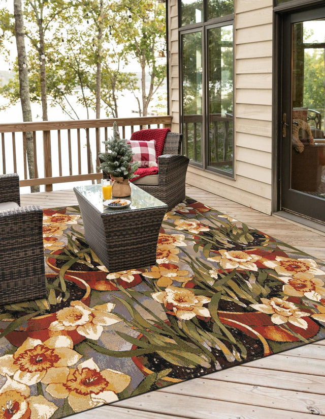 Multicolor 7' 10 x 7' 10 Outdoor Botanical Square Area Rug Weather Resistant for Patio, Deck, Terrace, Balcony, Porch Polypropylene Garden Floral Tropical Carpet for Sale at Rug Engine