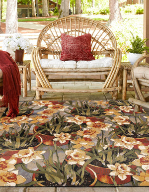 Multicolor 7' 10 x 7' 10 Outdoor Botanical Square Area Rug Weather Resistant for Patio, Deck, Terrace, Balcony, Porch Polypropylene Garden Floral Tropical Carpet for Sale at Rug Engine