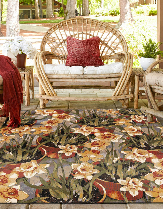 Multicolor 7' 10 x 7' 10 Outdoor Botanical Square Area Rug Weather Resistant for Patio, Deck, Terrace, Balcony, Porch Polypropylene Garden Floral Tropical Carpet for Sale at Rug Engine