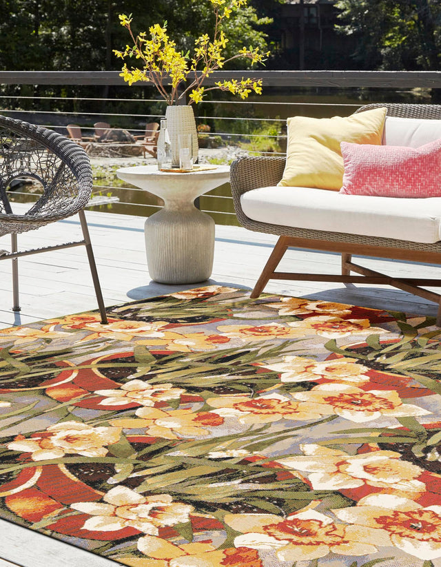 Multicolor 7' 10 x 7' 10 Outdoor Botanical Square Area Rug Weather Resistant for Patio, Deck, Terrace, Balcony, Porch Polypropylene Garden Floral Tropical Carpet for Sale at Rug Engine