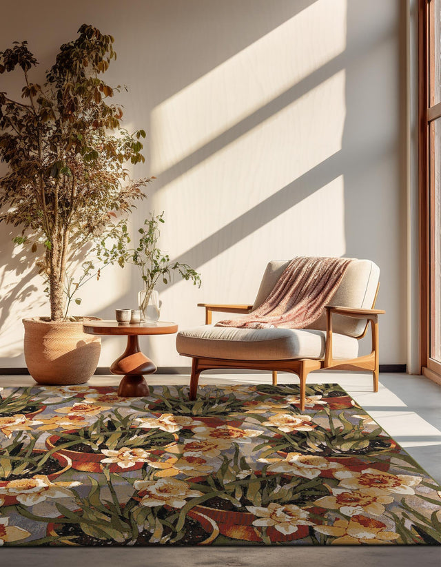 Multicolor 7' 10 x 7' 10 Outdoor Botanical Square Area Rug Weather Resistant for Patio, Deck, Terrace, Balcony, Porch Polypropylene Garden Floral Tropical Carpet for Sale at Rug Engine