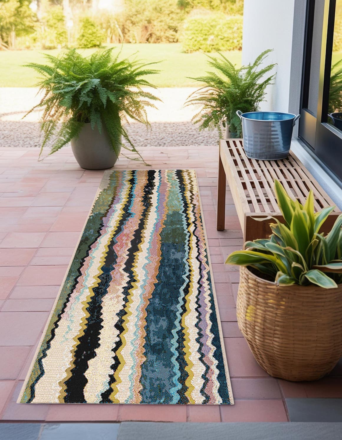 Multicolor 2' 7 x 10' Outdoor Modern Runner Area Rug Weather Resistant for Patio, Deck, Terrace, Balcony, Porch 100% Polypropylene Modern Outside Carpet for Sale at Rug Engine