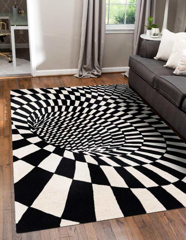 Black and White 6' 1 x 9' Vortex Wool Rectangle Rug