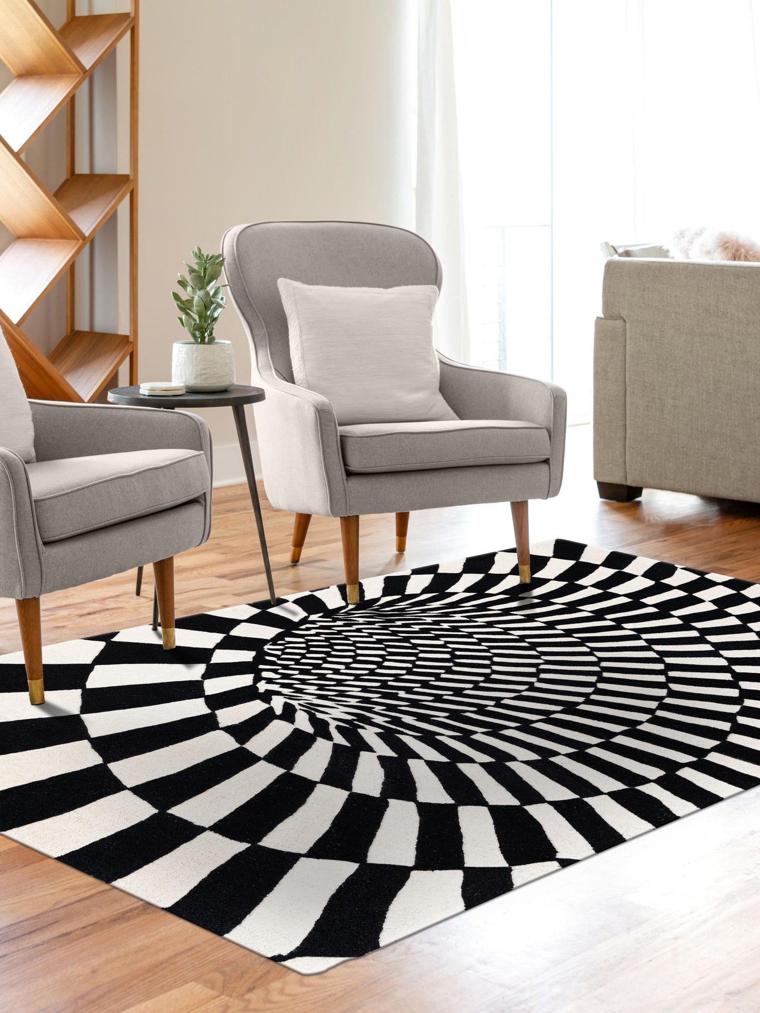 Black and White 5' 1 x 8' Vortex Wool Rectangle Area Rug Hand Tufted 100% Wool Pile & Cotton Backing All Natural Luxury 3D Carpet for Sale at Rug Engine
