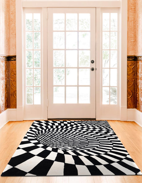 Black and White 2' x 3' 1 Vortex Wool Rectangle Area Rug Hand Tufted 100% Wool Pile & Cotton Backing All Natural Luxury 3D Carpet for Sale at Rug Engine
