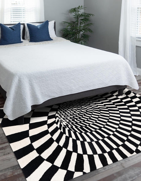 Black and White 9' x 12' Vortex Wool Rectangle Area Rug Hand Tufted 100% Wool Pile & Cotton Backing All Natural Luxury 3D Carpet for Sale at Rug Engine