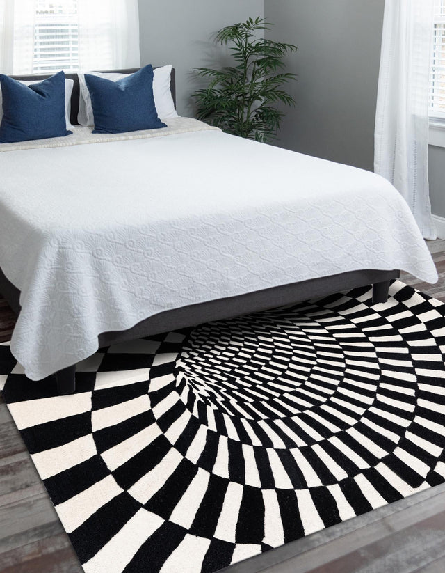 Black and White 6' 1 x 9' Vortex Wool Rectangle Rug