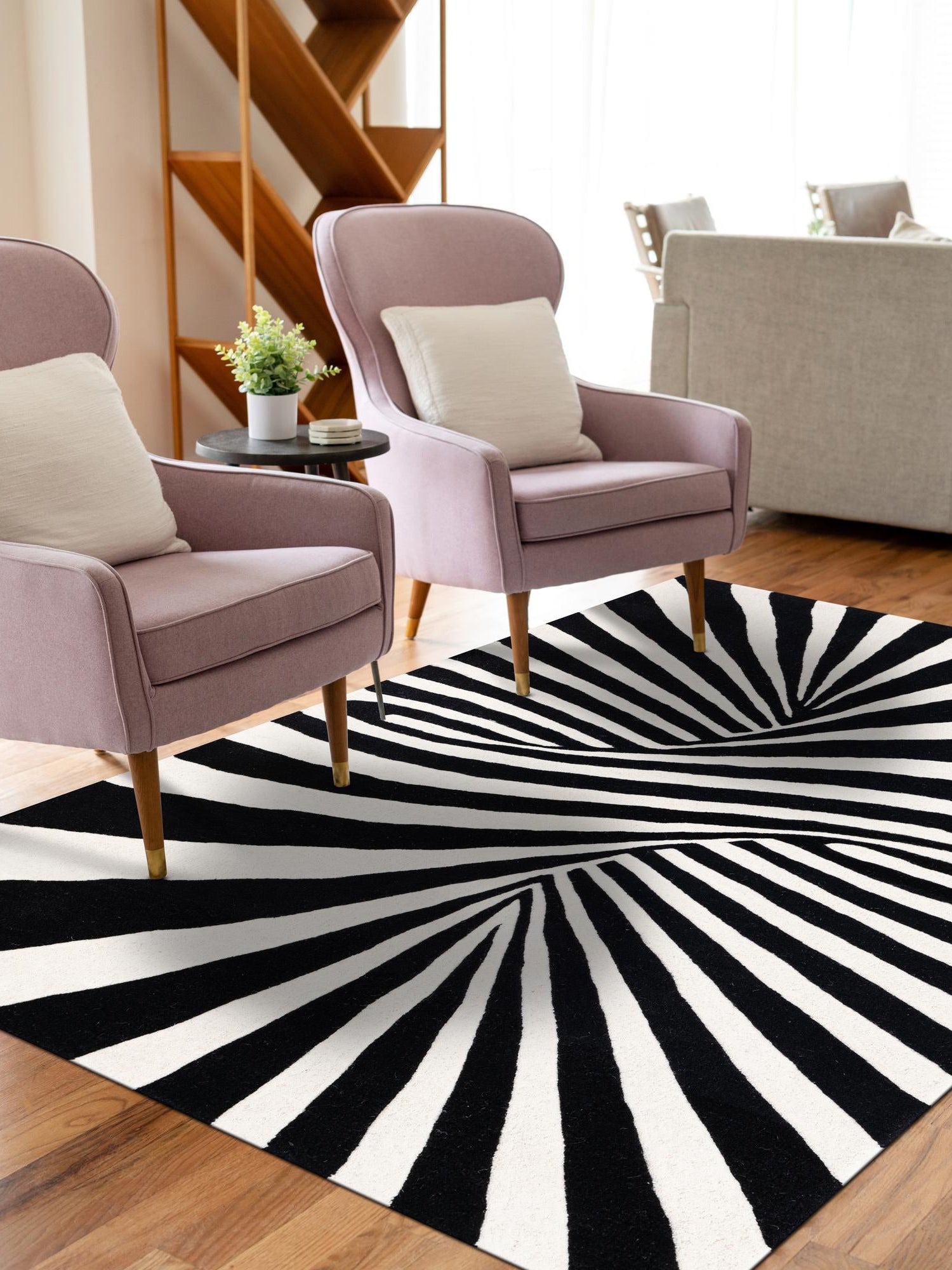 Black and White 4' 1 x 6' 1 Vortex Wool Rectangle Area Rug Hand Tufted 100% Wool Pile & Cotton Backing All Natural Luxury 3D Carpet for Sale at Rug Engine