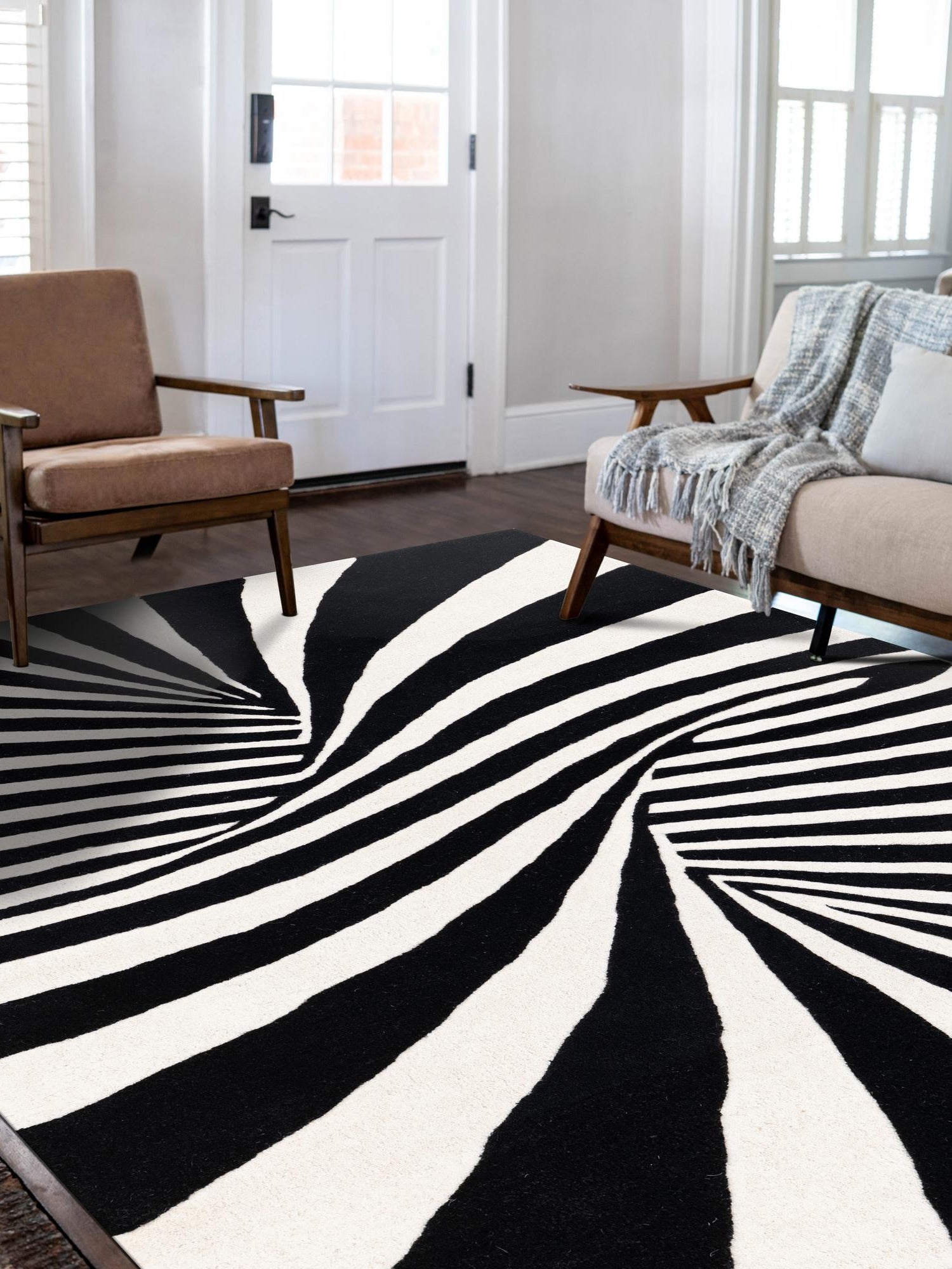 Black and White 4' 1 x 6' 1 Vortex Wool Rectangle Area Rug Hand Tufted 100% Wool Pile & Cotton Backing All Natural Luxury 3D Carpet for Sale at Rug Engine
